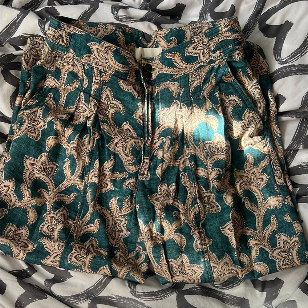 Floral Patterned Shorts in Teal and Gold